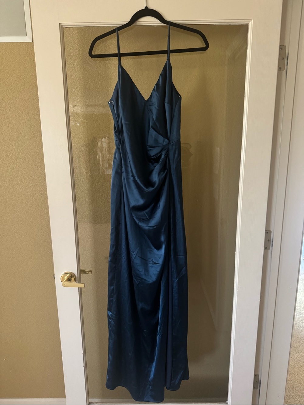 Lulu's Delightful Allure Dark Blue Satin Pleated Backless Maxi Dress Medium - Picture 4 of 6